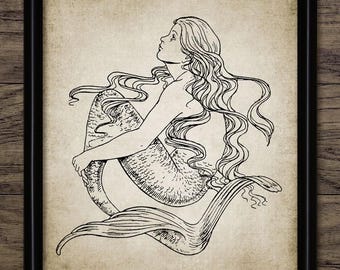 Mermaid Wall Art, Printable Mermaid, Mermaid Bathroom, Mermaid Drawing, Folklore, Merfolk, Marine Creature #530 INSTANT DOWNLOAD