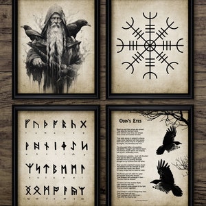 Viking Wall Art Set Of 4, Printable Odin, Hugin and Munin, the Helm of Awe, Norse Mythology, Nordic Futhark Runes #4562 INSTANT DOWNLOAD