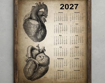 Heart Anatomy 2027 Calendar, Vintage Cardiology Poster, Medical Student Gift, Rustic Biology Decor, Antique Heart Chart Wall Art Print