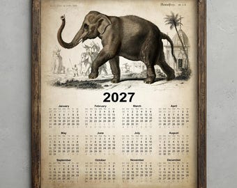 Elephant Calendar 2027, Antique Indian Elephant Poster, Rustic Decor, Antique Elephant Wall Art