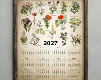 Antique Wildflowers 2027 Calendar, Vintage Botanical Poster, Rustic Decor, Garden Flowers Wall Art