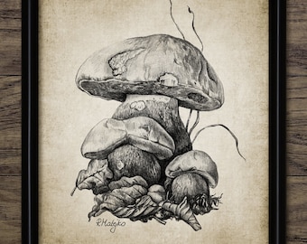 Fall Mushroom Pencil Drawing Art, Printable Mushroom, Autumn, Fall, Forest Mushroom, Rustic Farmhouse, Fungi, Fungus #3947 INSTANT DOWNLOAD