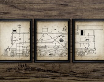 Vintage Steam Locomotive Art Set Of 3, Printable Railroad, Railway, Steam Train Enthusiast, Rail Transport Triptych #1056 INSTANT DOWNLOAD