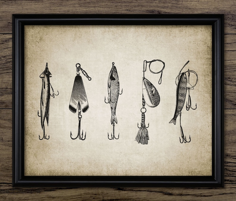 A selection of vintage fishing lure illustrations, placed upon a vintage effect background. An ideal gift for a fishing enthusiast.
