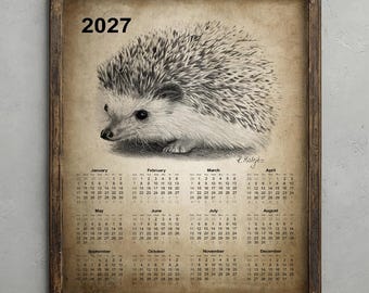 Hedgehog Calendar 2027, Vintage Hedgehog Drawing Poster, Rustic Woodland Animal Decor, Farmhouse Cottagecore Wall Art