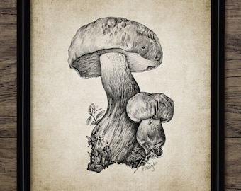 Mushroom Pencil Drawing Wall Art, Printable Mushroom, Autumn, Fall, Forest Mushroom, Rustic Farmhouse, Fungi, Fungus #3956 INSTANT DOWNLOAD