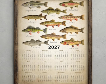 Fishing Calendar 2027, Rustic North American Fish Print, Vintage Farmhouse Wall Art Decor, Trout Carp Bass Perch Poster, Angler Gift
