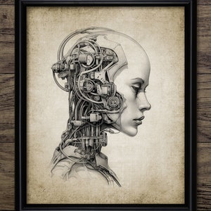 May include: A grayscale drawing of a woman's head with intricate mechanical details, resembling a cyborg, rendered in a realistic style.