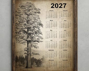 Sequoia Tree 2027 Calendar, Rustic Redwood Tree Decor, Antique Botanical Wall Art, Vintage American Trees Poster, Living Room Office Print