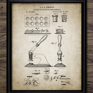 May include: A black and white vintage patent drawing for a process of capsuling medicaments, showing a machine with a lever and a plunger, dated February 8, 1876. The patent number is 173,226. The inventor is S.A.A. Limousin.