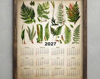 Antique Ferns 2027 Calendar, Vintage Fern Poster, Rustic Decor, Green Woodland Botanical Wall Art
