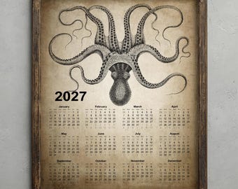 Octopus Calendar 2027, Vintage Octopus Drawing Poster, Antique Marine Bathroom Decor, Rustic Beach House Wall Art