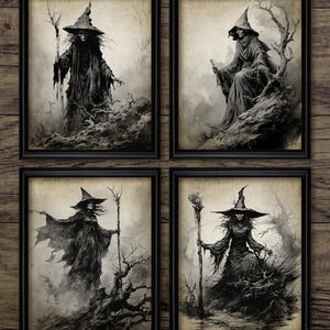 Witch Wall Art Set Of 4, Printable Witchcraft, Supernatural, Black Magic, Halloween Witches Art, Fantasy Witchcraft #4355 INSTANT DOWNLOAD