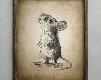 Mouse Pencil Drawing, Cute Mouse Nursery Decor, Rustic Wall Art, Baby Mouse Sketch