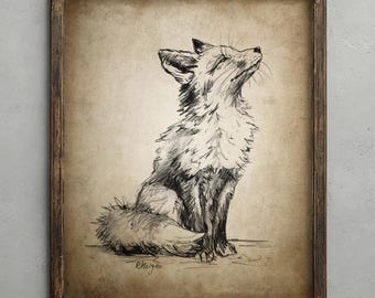 Fox Pencil Drawing, Cute Fox Nursery Decor, Rustic Wall Art, Baby Fox Sketch