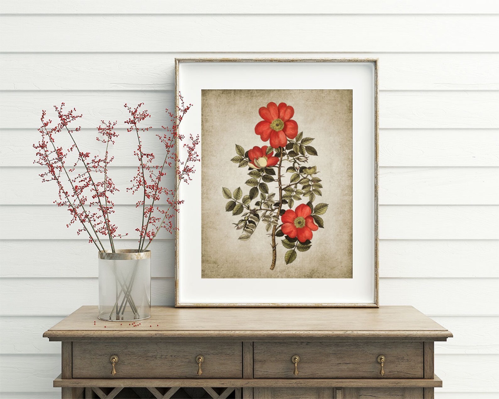 Wild Rose Wall Art Print Rustic House Decor Vintage Red Rose Etsy