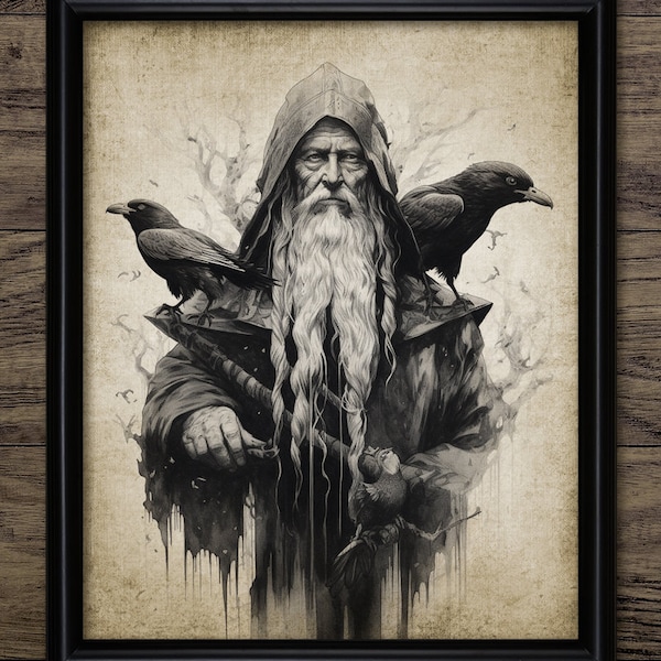 Odin Wall Art, Printable Viking Wall Art, One Eyed All Father, Norse Mythology, Valhalla, Huginn and Muninn Ravens #4111 INSTANT DOWNLOAD