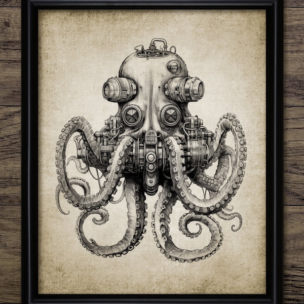 Steampunk Octopus Wall Art, Printable Octopus, Whimsical Octopus, Octopus Bathroom Art, Fantasy Octopus Art #4198 INSTANT DOWNLOAD