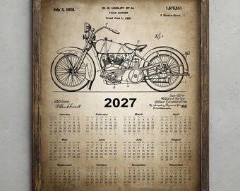 Vintage Harley Davidson Patent 2027 Calendar, Rustic Decor, Antique Motorbike Inventions Poster, Motorcycle Wall Art, Biker Gift Idea