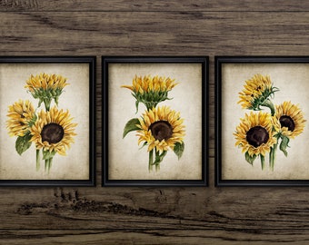 Sunflower Watercolor Painting Set Of Three, Printable Sunflower Painting, Flower Art, Sunflowers, Botanical Wall Art #3472 INSTANT DOWNLOAD