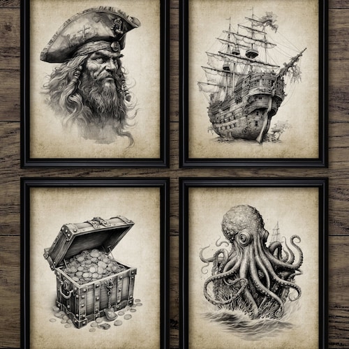 Ensemble de 4 affiches murales pirates à imprimer, chambre de pirate, bateau pirate, pièces de huit, trésor, Kraken #4152 TÉLÉCHARGEMENT INSTANTANÉ