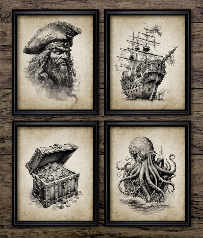Zestaw 4 grafik ściennych z motywem piratów, piraci do druku, sypialnia piratów, statek piracki, osiem części, skarb, Kraken #4152 DO NATYCHMIASTOWEGO POBRANIA