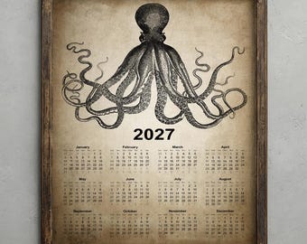 Octopus Calendar 2027, Vintage Octopus Drawing Poster, Antique Marine Bathroom Decor, Rustic Beach House Wall Art