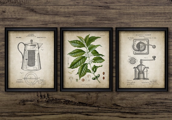 Barista Wall Art Set Of 3, Printable Coffee Percolator, Coffee Bean, Coffee Mill, Coffee Kitchen, Coffee Shop #3072 INSTANT DOWNLOAD