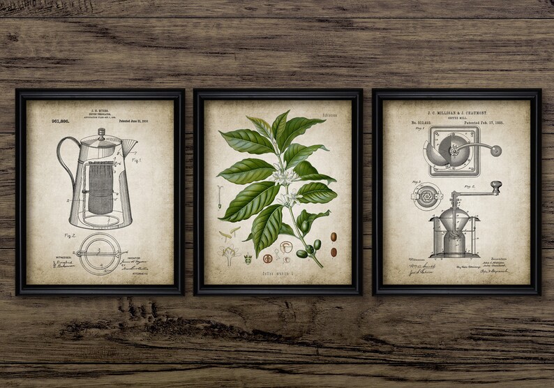 May include: Set of three vintage-style prints featuring illustrations of a coffee pot, coffee plant, and coffee grinder. The prints are in black and white with a sepia tone and have a distressed look. The text on the prints includes the patent numbers and dates.