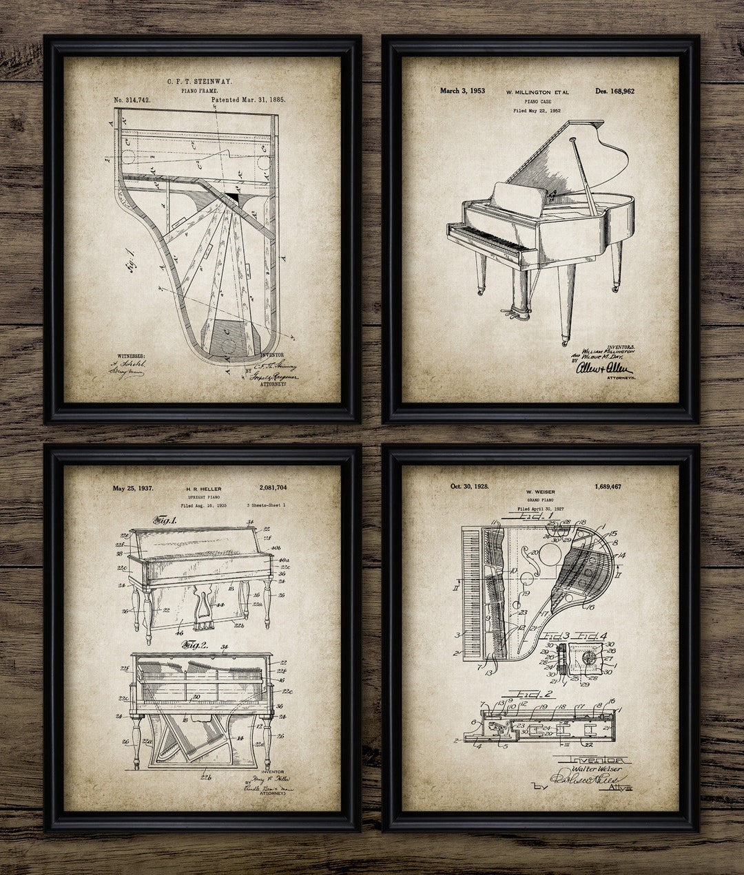 Piano Wall Art Set of 4, Piano Patent Print Design, Music Room, Piano ...