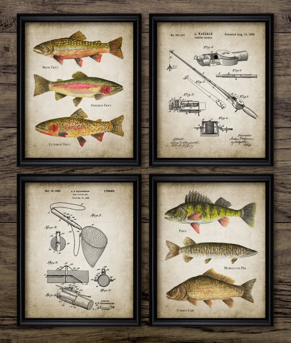 Conjunto de arte de pared de pesca de 4, impresión de aparejos de pesca,  pesca con caña, pescador, caña de pescar, pesca de truchas, regalo de pesca