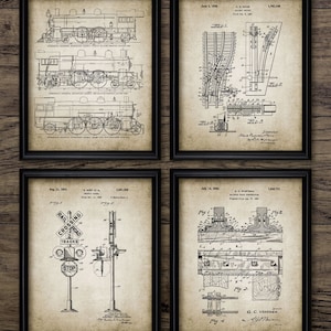 Vintage Railroad Patent Set Of 4, Printable Steam Locomotive, Railroad Crossing, Rail Track Design, Rail Memorabilia #988 INSTANT DOWNLOAD