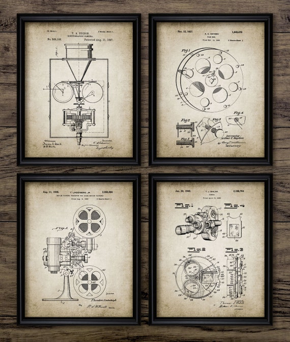 Movie Film Projector Wall Art Set of 4, Printable Movie, Motion Picture, History Of Cinema, Camera, Projector, Film #958 INSTANT DOWNLOAD