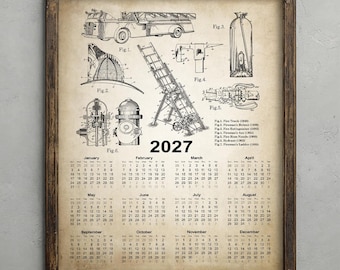 Firefighting Patents 2027 Calendar, Rustic Firefighter Inventions, Vintage Fire Truck, Helmet, Extinguisher Ladder Hydrant Axe Nozzle Poster