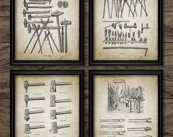 May include: Vintage black and white illustrations of blacksmithing tools and equipment. The illustrations include hammers, tongs, anvils, and a forge. The illustrations are on a beige background with black text.
