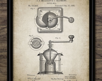 Puede incluir: Un dibujo de patente vintage para un molinillo de café, que muestra una ilustración detallada del mecanismo. El número de patente es 312.493 y la fecha es el 17 de febrero de 1885. Los inventores son John C. Milligan y Jules Chaumont.