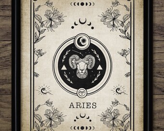 Aries Zodiac Print, Printable Astrology Illustration, Tarot Card Celestial Divination, Start Sign Vintage Wall Art  #4023 INSTANT DOWNLOAD