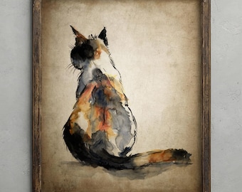 Calico Cat Watercolour Painting, Cute Cat Nursery Decor, Rustic Wall Art, Vintage Cat Sketch