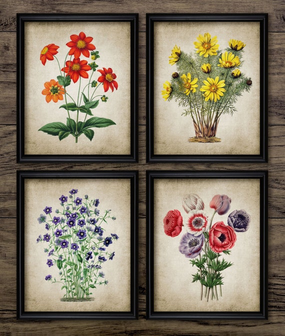 Vintage Flowers Wall Art Set of 4, Printable Vintage Botanical, Flower Decor, Living Room Flowers, Flower Bouquet Art #165 INSTANT DOWNLOAD
