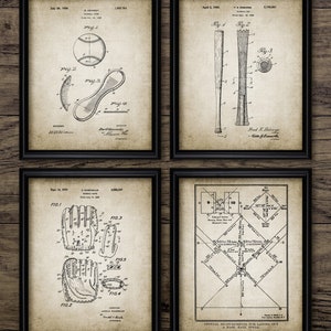 Vintage Baseball Wall Art Set Of 4, Printable Baseball, Baseball Glove, Baseball Diamond, Sport, Home Run, Baseball Team INSTANT DOWNLOAD