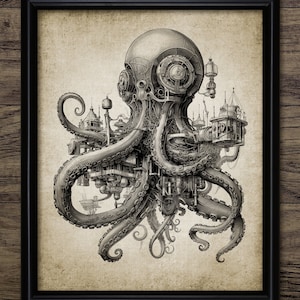 Steampunk Oktopus Wandbild, Oktopus, druckbarer Oktopus, Fantasy Oktopus Kunst, Oktopus Kunst #4200 SOFORT DOWNLOAD