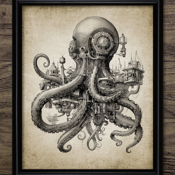 Steampunk Octopus Wall Art, Printable Octopus, Lunatique Octopus, Octopus Bathroom Art, Fantasy Octopus Art #4200 TÉLÉCHARGEMENT INSTANTANÉ