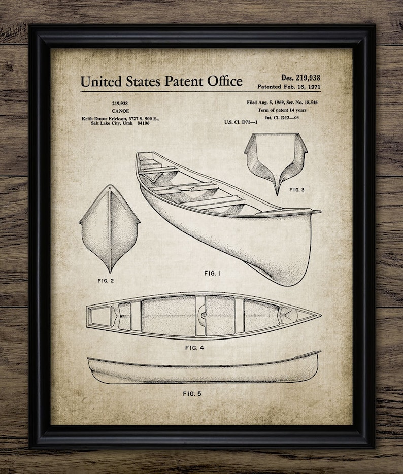Vintage Canoe Patent Print 1971 Canoe Design Canoeing Etsy
