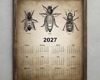 Honey Bee 2027 Calendar, Rustic Beekeeping Print, Queen Worker Drone, Antique Farmhouse Wall Art Decor, Vintage Bees Poster