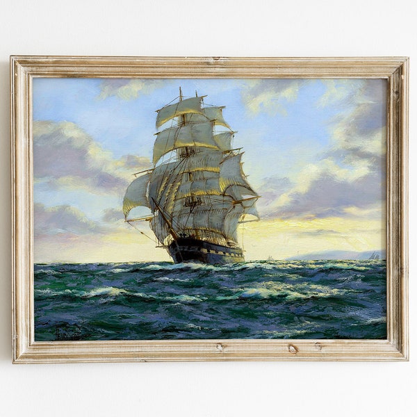 Vintage Clipper Schiff Wandkunst, druckbares Großes Schiff Gemälde, Klipper Schiff Kunst, Fracht Segelschiff, Schiff auf dem Meer #3739 INSTANT DOWNLOAD