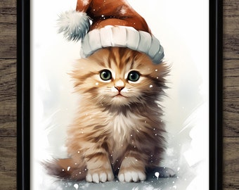 Chaton mignon dans un art mural de chapeau de Père Noël, art de Noël imprimable, idée de cadeau de Noël pour les amoureux des chats, joyeux Noël #4389 TÉLÉCHARGEMENT INSTANTANÉ