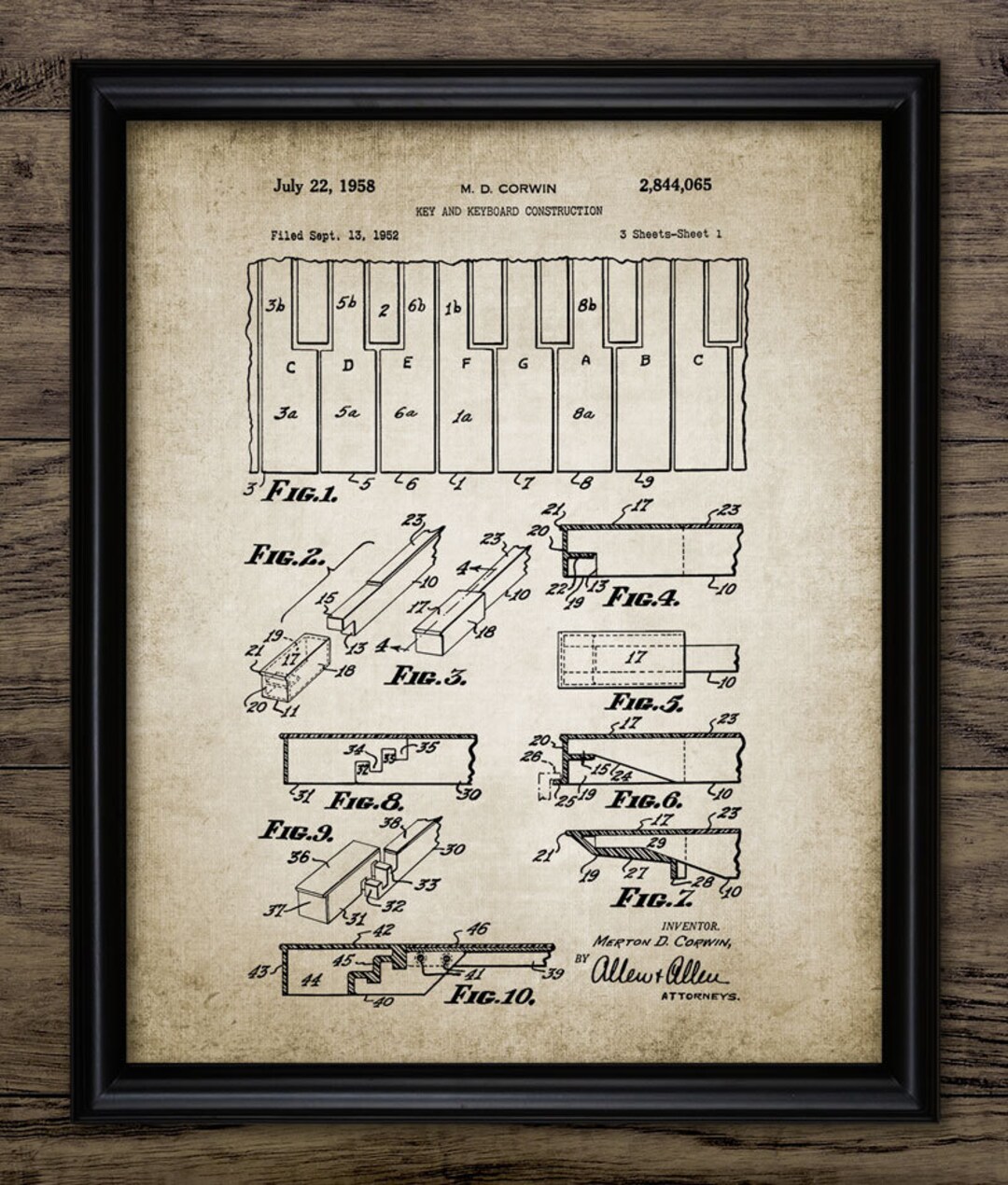 Vintage Piano Keys Patent Wall Art, Pintable Keyboard, Music Bedroom