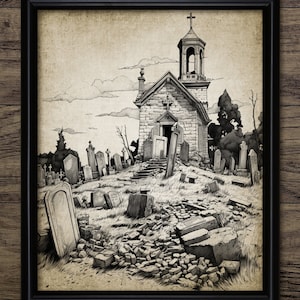 Gothic Graveyard Wall Art, Printable Church Cemetery, Old Graveyard, Broken Gravestones, Gravedigger, Headstone #4138 INSTANT DOWNLOAD