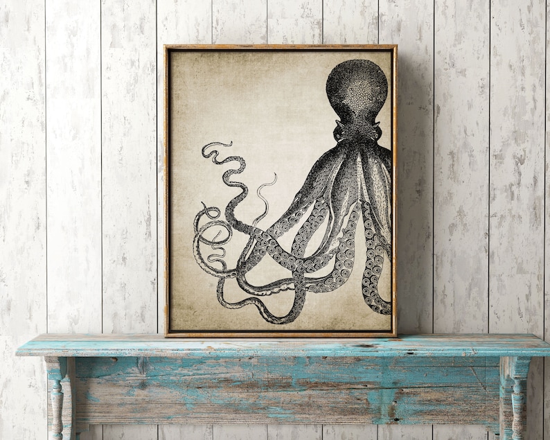 Octopus Wall Art Print Rustic Bathroom Decor Octopus Poster Etsy
