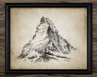 Matterhorn Pencil Drawing Wall Art, Printable Mountain Art, Alps, European Mountain, Aosta Valley, Famous Alpine Peak #4046 INSTANT DOWNLOAD